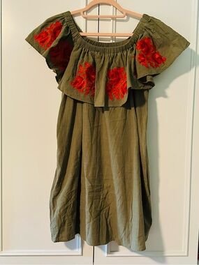 NWOT Umgee Olive Green Off-Shoulder Dress with Red Floral Embroidery M
